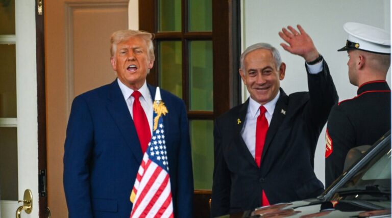US President Donald Trump seen with Israeli prime Minister Benjamin Netanyahu after a meeting at the White House in Washington D.C., April 7, 2025 (Photo by Liri Agami/Flash90)