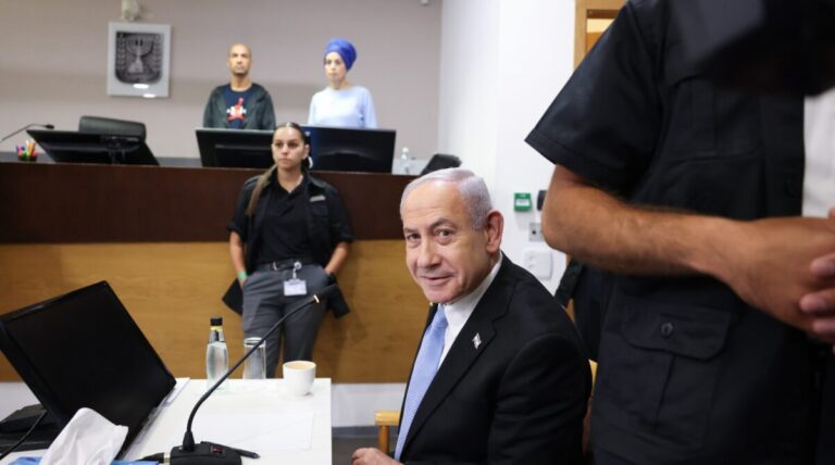 Israeli Prime Minister Benjamin Netanyahu arrives to the courtroom at the Distrcit court in Tel Aviv, before the start of his testimony in the trial against him, June 4, 2025 (Photo by Moti Milrod)