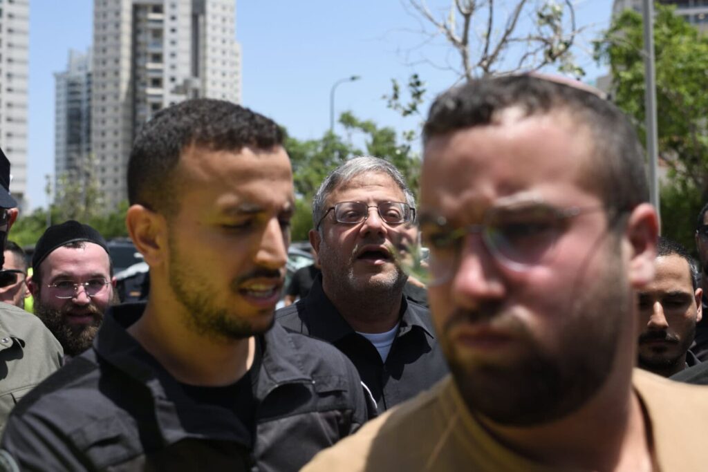 Israeli Minister of National Security Itamar Ben-Gvir visits the site of a building hit by an Iranian ballistic missile in Petah Tikva, Israel, on June 16, 2025. Four people were killed in the strike, and dozens were injured. Photo by Gili Yaari / Flash90