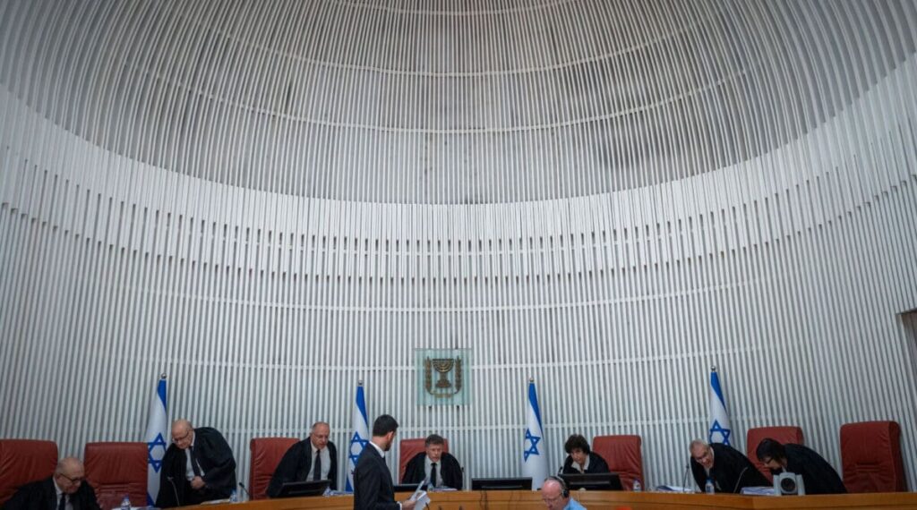 Supreme court president Yitzhak Amit and Supreme court justices arrive for a court hearing on the Israeli government law to shut down Al Jazeera’s operations in Israel, at the Supreme Court in Jerusalem on July 13, 2025. Photo by Yonatan Sindel/Flash90