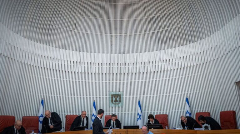Supreme court president Yitzhak Amit and Supreme court justices arrive for a court hearing on the Israeli government law to shut down Al Jazeera’s operations in Israel, at the Supreme Court in Jerusalem on July 13, 2025. Photo by Yonatan Sindel/Flash90