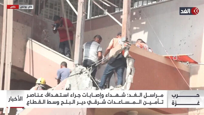 The staircase at the hospital in Khan Yunis, moments before the strike that killed five journalists (screenshot)