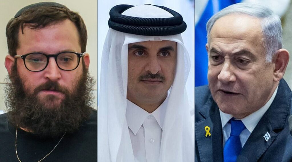 From right to left: Israeli Prime Minister Benjamin Netanyahu, Emir of Qatar Tamim bin Hamad Al Thani and Netanyahu advisor Yonatan Urich (Photos: Flash90 and Public domain)