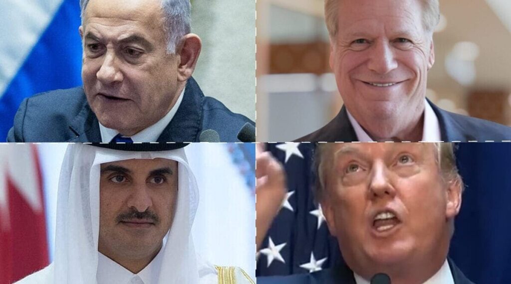 Clockwise from top right: Businessman Elliott Broidy, American president Donald Trump, Qatari emir Tamim bin Hamad Al Thani and Israeli Prime Minister Benjamin Netanyahu (photos Fךשדי 90, public domain and Broidy public relations)