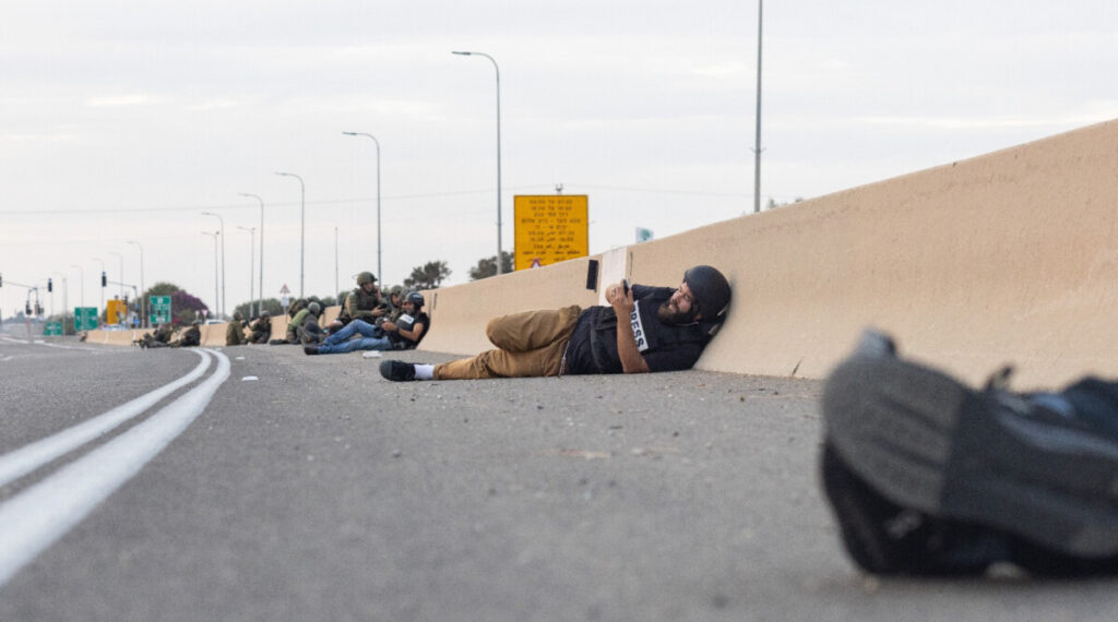 Bar Peleg during an encounter with militants on Highway 34, October 7, 2023 (Photo: Oren Ziv, Local Call)