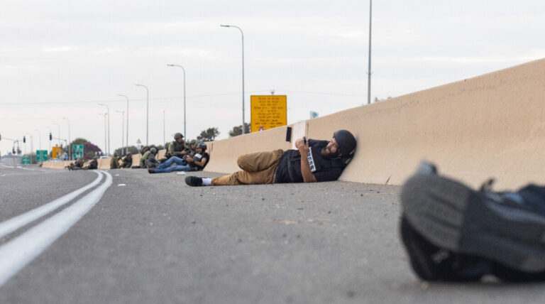 Bar Peleg during an encounter with militants on Highway 34, October 7, 2023 (Photo: Oren Ziv, Local Call)